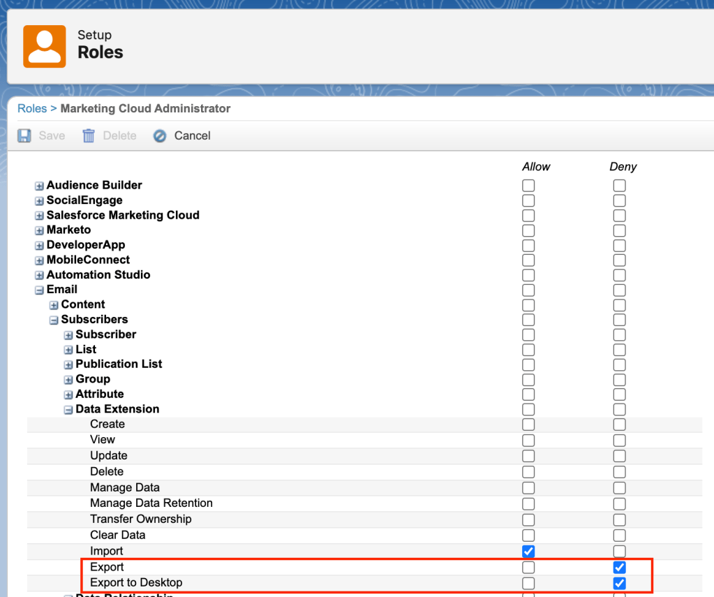 data extension permission to remove export option