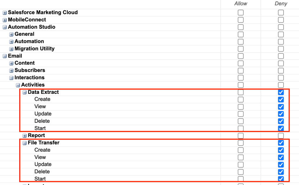 disable data extract and file transfer permissions for users in salesforce marketing cloud